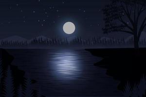 Mondnacht im Wald. dunkler waldhimmel mit fluss- und mondlandschaftshintergrundillustration vektor