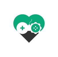 Ausrüstung Spiel Herzform Konzept Logo-Design. Spiel mit Zahnrad-Logo-Vorlagenvektor. Joystick-Design-Ikone vektor