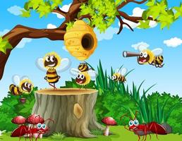 Viele Bienen und Ameisen leben in der Gartenszene mit Waben vektor