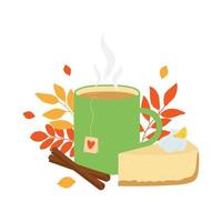 Tasse Tee, Käsekuchen, Zimtstangen und Herbstblätter. Vorlage für gemütliches Herbstdesign. vektor