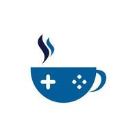 spel Kafé logotyp. spel knapp på kaffe kopp med typografisk vektor
