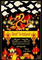 Lycklig kinesisk ny år önskar på skrolla med drake vektor
