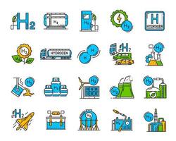 Farbsymbolsatz für erneuerbare Energieanlagen für Wasserstoffgas vektor