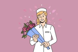 tacka du läkare och sjuksköterskor begrepp. leende kvinna läkare eller sjuksköterska stående med bukett av blommor stridande coronavirus vektor illustration