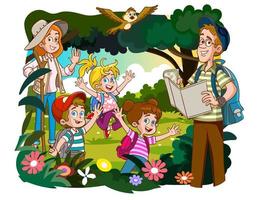 glückliche Familie und Wandern. vater, mutter und kinder reisen in die berge, wald. Wandern in der Natur. Vektorillustration im Cartoon-Stil vektor