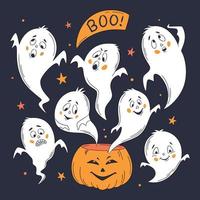 halloween hälsning kort med spöken och pumpa. ett linje hand dragen halloween uttryckssymbol spöken. rolig liten söt spöken. tecknad serie stil. Lycklig halloween fest. högtider tecknad serie karaktär vektor