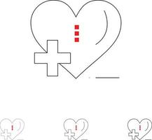 kärlek sjukvård sjukhus hjärta vård djärv och tunn svart linje ikon uppsättning vektor