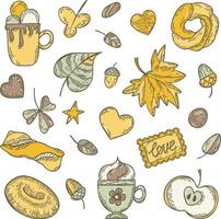 Herbst eingestellt. handgezeichnete skizzen tassen kaffee, apfel, blätter, donut, kekse, eicheln und brötchen. vektor