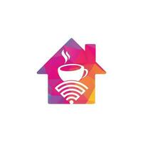 Kaffee-WLAN-Home-Shape-Konzept-Logo-Design. Kaffeetasse mit WLAN-Vektorsymbol-Logo vektor