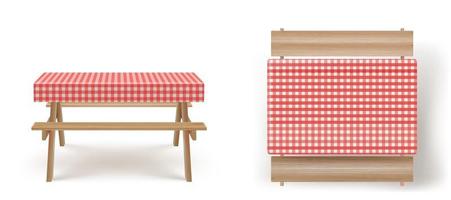 hölzerner picknicktisch mit bänken tischdecke vektor