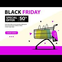 Black Friday Sale Event Webseitenvorlage mit Einkaufstasche in Trolley lila schwarzer Farbe vektor