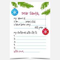 jul önskar lista till skicka till santa claus. vektor jul vykort med Semester dekorationer och Kära santa brev mall till fylla i. redo till skriva ut vektor illustration.