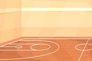 leerer basketballplatz in der flachen farbvektorillustration des fitnessstudios. Feld für Sportspiel. sportliche Betätigung in der Schule. vollständig bearbeitbares 2d einfaches Cartoon-Interieur mit Turnhalle im Hintergrund vektor