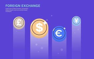 internationell valuta mynt och dollar, euro, pund, yen på bakgrund horisontell full längd platt vektor illustration.