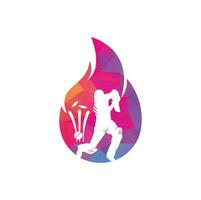 Feuer-Cricket-Spieler-Vektor-Logo-Design. Cricket-Feuer-Logo-Symbol. schlagmann, der cricket spielt, und feuerkombinationslogo vektor
