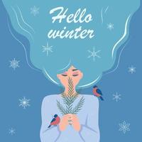 Postkarte Hallo Winter mit Mädchen und Vögeln. Vektor-Illustration vektor