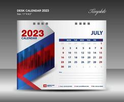 juli 2023 mall- skrivbord kalender 2023 år mall, vägg kalender 2023 år, vecka börjar söndag, planerare design, brevpapper design, flygblad design, utskrift media, röd och blå bakgrund vektor