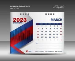 März 2023 Vorlage - Tischkalender 2023 Jahr Vorlage, Wandkalender 2023 Jahr, Woche beginnt am Sonntag, Planerdesign, Briefpapierdesign, Flyerdesign, Druckmedien, roter und blauer Hintergrundvektor vektor