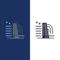 Hochbau Fabrik Industrie Symbole flach und Linie gefüllt Icon Set Vektor blauen Hintergrund