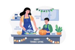 mor och son förbereder mat för tacksägelsedagen vektor