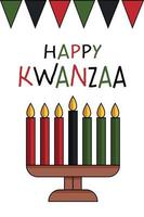 glückliche kwanzaa-grußkarte mit kinara und sieben kerzen, flaggenflagge, flache illustration. süßes einfaches vertikales plakat für afroamerikanische kwanzaa-feiern. vektor