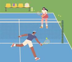 två spelare är spelar tennis på de tennis domstol. enkel grafisk design stil platt vektor illustration.