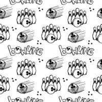 en sömlös mönster av ritad för hand element med en bowling tema. bowling boll, stift. handskriven inskrift. vinnande. boll smashar stift. käglor. sport. de spel. träffa, vinna vektor