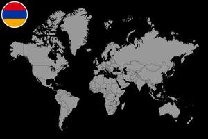 Pin-Karte mit armenischer Flagge auf der Weltkarte. Vektor-Illustration. vektor