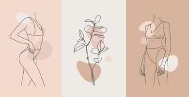 vektorsatz von linienkörpersilhouetteillustrationen, frauen und blumenkunst. minimalistische lineare weibliche Figur. Body-Positive-Karten, Poster, Drucke, Social-Net-Storys. vektor