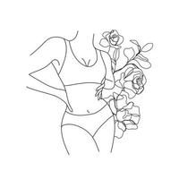 Vektor abstrakte weibliche Figur, Frau Körper Illustration. Strichzeichnungen. Blumen- und Blattdekoration. frauensilhouette, druck, karte, logo, poster. Körper positiv