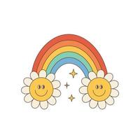 starker Regenbogen mit lächelnden Gänseblümchen. isoliert auf weißem Hintergrund. bunte Vektorillustration im Vintage-Stil. ein Retro-Designelement der 70er und 60er Jahre oder eine Ikone. vektor