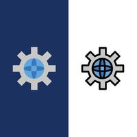 Weltkugel Einstellung technische Symbole flach und Linie gefüllt Icon Set Vektor blauen Hintergrund