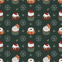 jul muffins med bär söt sömlös mönster. snö muffins vektor prydnad för Semester omslag papper.