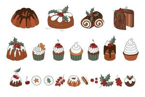 Silvester Weihnachten Desserts Cupcakes und Schokoladenkuchen isoliert auf weißem Hintergrund. vektor