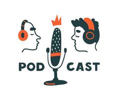 Podcast-Show-Symbol. Zwei Köpfe in Kopfhörern, die mit dem Mikrofon sprechen. isoliert auf weiß. vektor