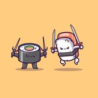 niedliche sushi und onigiri kämpfende cartoon-vektor-symbol-illustration. Lebensmittel-Icon-Konzept isolierter Premium-Vektor. flacher Cartoon-Stil vektor