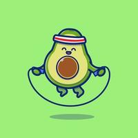 niedliche avocado, die springseil-cartoon-vektor-symbol-illustration spielt. Fruchtgesundheitssymbolkonzept isolierter Premium-Vektor. flacher Cartoon-Stil vektor