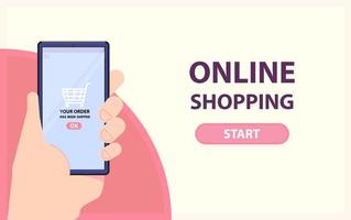 Online-Shopping-Banner mit Hand hält Telefon vektor