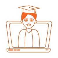 graduierter Teenager mit Abschlusshut in Laptop-Home-Education-Line-Farbstil-Ikone vektor