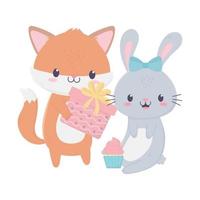 Alles Gute zum Geburtstag Fuchs und Kaninchen mit Geschenk- und Cupcake-Feierdekorationskarte vektor