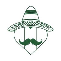 mexikansk flagga formad hjärta med hatt och mustasch cinco de mayo firande linje stil ikon vektor
