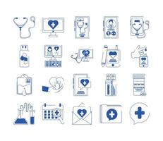 uppkopplad läkare hälsa medicin vård blå linje stil ikoner uppsättning vektor