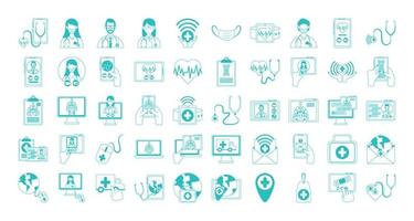 Online-Arzt, Arzt-Technologie-Berater medizinische Symbole gesetzt, Symbol für Linienstil vektor
