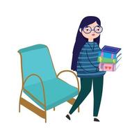 ung kvinna bärande böcker och stol möbel, bok dag vektor