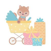 babyduschen-eichhörnchen im kinderwagen mit geschenkboxen-karikaturdekoration vektor