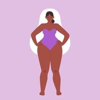 Der Formtyp ist Birne. molliges mädchen der karikatur, das einen lila trägerlosen badeanzug trägt. Stock Illustration einer afroamerikanischen Frau mit breiten Schultern isoliert. vektor
