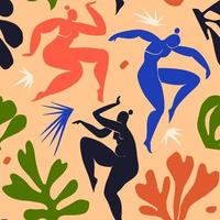 sömlös mönster med dans abstrakt kvinnor inspirerad förbi matisse. kvinnors dansa bland abstrakt växter och stjärnor. ljus färgad bakgrund vektor illustration.