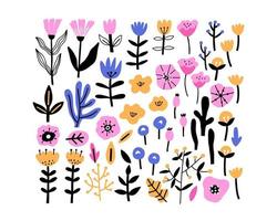 uppsättning med färgrik blommor och växt element i hand dragen platt stil. vektor illustration