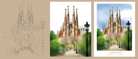barcelona architektur kathedralen aquarell vektor zeichnung. für Illustrationen. gaudis kathedrale, architektur in barcelona, vintage gravierte illustration, handgezeichnet, skizze