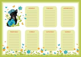 skola varje vecka och dagligen planerare med söt liten svart katt i färgrik sommar design. vektor